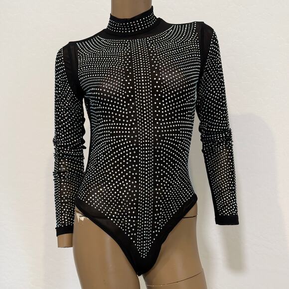 new small sheer mesh all over rhinestone mock neck bodysuit TLS2 2257 - Picture 10 of 11